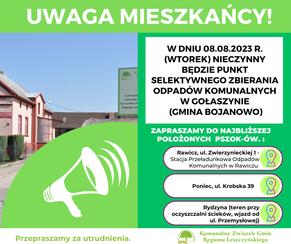 Informacja - PSZOK w Gołaszynie nieczynny 8.08.2023
